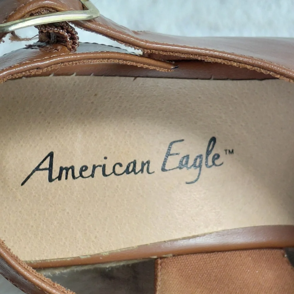 American Eagle Wedge Brown Buckle 4in Heel Sandle. Size 10.